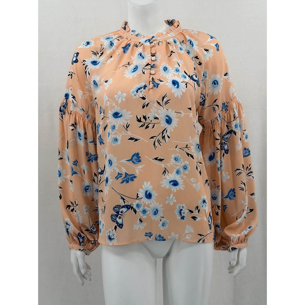 Ann Taylor Top Womens Small Peach Floral Long Sleeve Ruffle Sheer Boho Spring